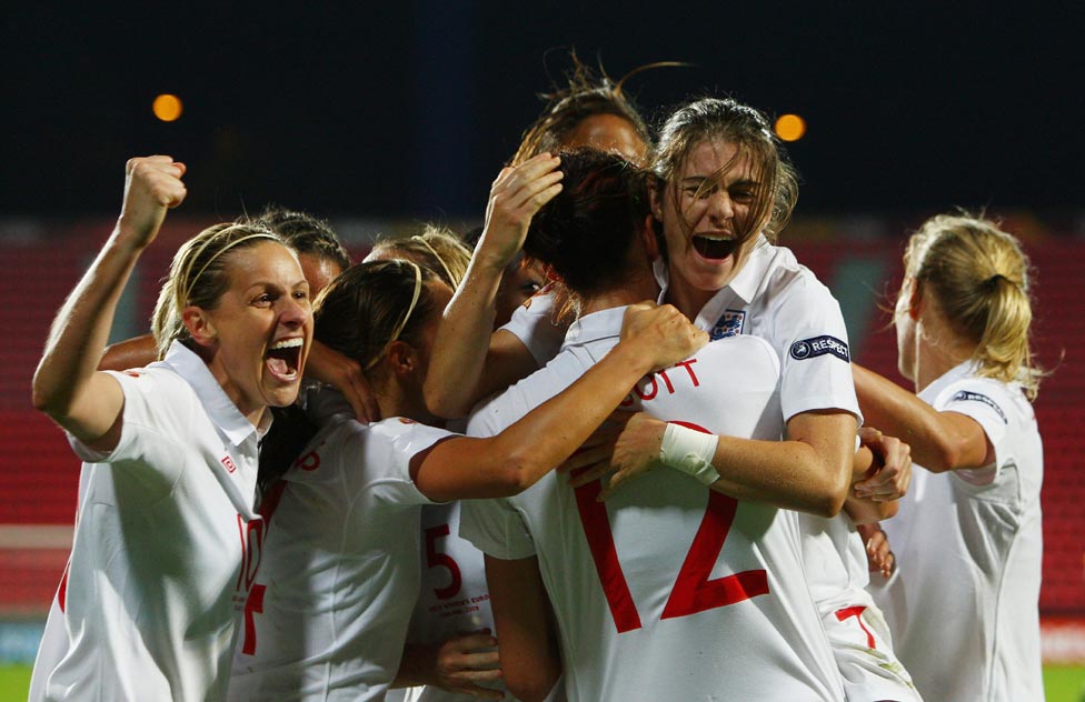 England players celebrate reaching the European Championship final.